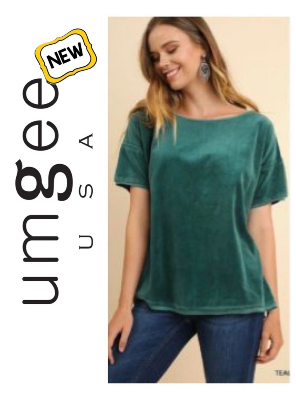 New UMGEE Teal Velour High Low Top Short Sleeve Whimsical Elevated A3456 Women M